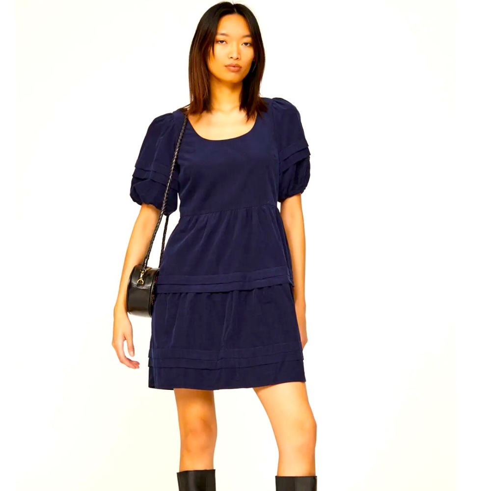 Madewell navy blue corduroy peasant babydoll dress pockets size L worn twice!